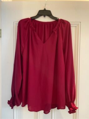 Amazon Women’s Long-Sleeve V-Neck Blouse - Berry Red
